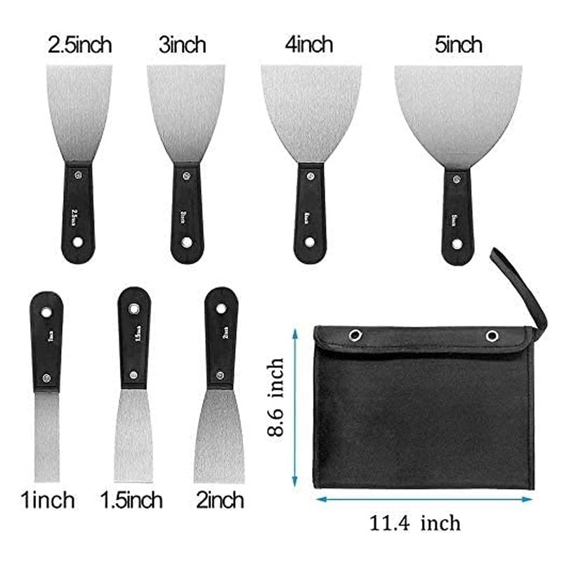 QEES 7 PCS Drywall Paint Scraper Tools with Storage Bag,Spackle Drywall Putty Knife Set,Stainless Steel Spackling Taping Knife Tool for Repairing,Removing Wallpaper,Applying Putty,Mud, Plaster Scraping - Image 2